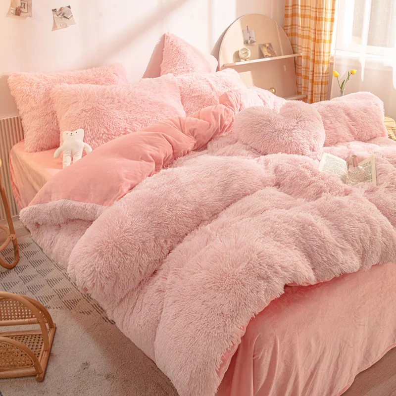 Long Plush Fluffy Faux Fur Shaggy Duvet Cover Flat Sheet Pillowcase Flannel Velvet Furry Microfiber Bed Sheet 4 Pcs Bedding Sets