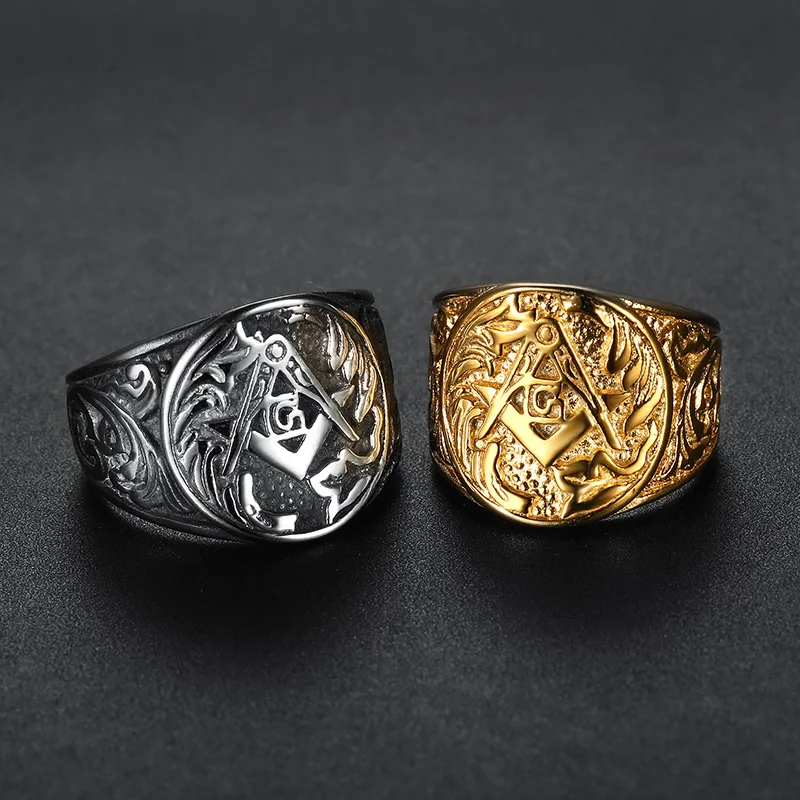Masonic Vintage Embossed Punk Waterproof 18K Gold Plated Stainless Steel Non Tarnish Fashion Jewelry Rings Male Mens Man