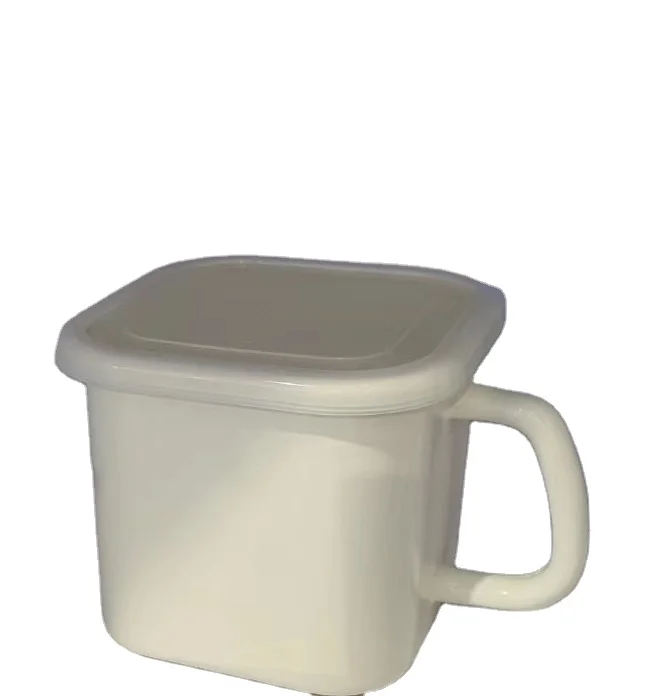 Enamel square mug korea hot selling white noodle mug with PE lid