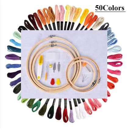 Hot Selling Hand Embroidery Starter Kit Cross Stitch Tools Set with 100 Colors Threads and Bamboo Embroidery Hoops