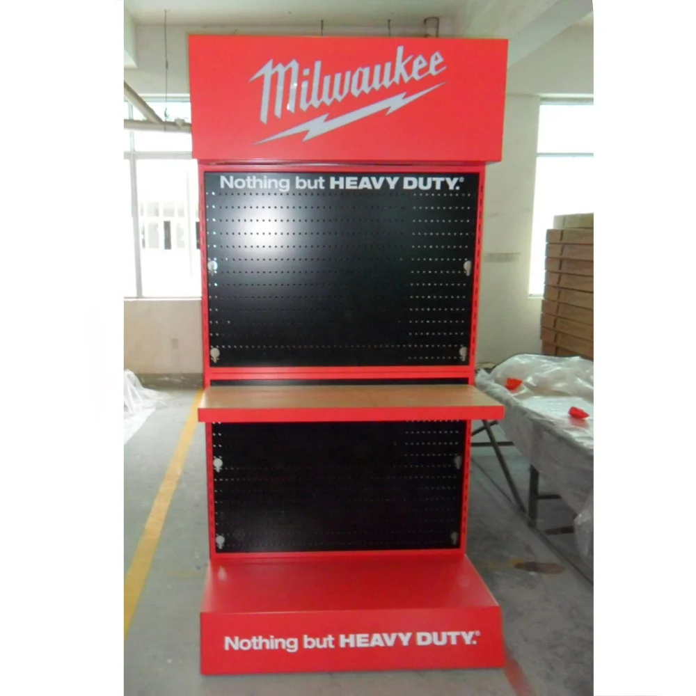 Retail Pegboard Accessories Display Stand Metal Hardware Shop Tools Display Rack With Led Lighting Header