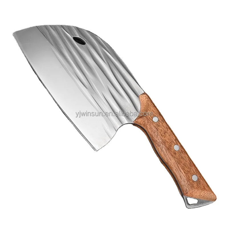 High Quality Kitchen Cleaver Knife Chopper with Hammered Steel Blade and PP Handle round Nose Knife with Wooden Handle