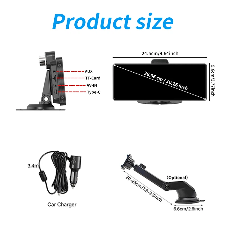 Maustor 2024 New 10.26 Inch 4K Touch Screen BT Wireless Carplay Android Auto Car display screen with DVR Backup Camera