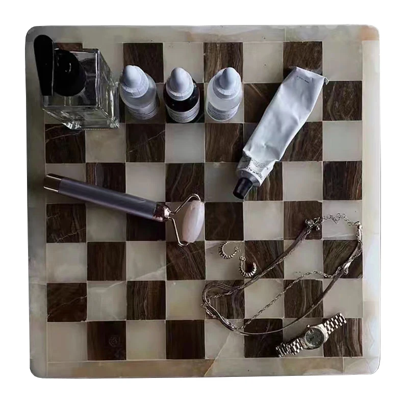 stonekocc Luxury Natural Onyx Game Board Mosaic Checkerboard Grid Tray Designer Room Home Storage Decorative Trays