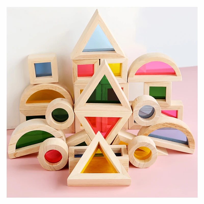 Creative Acrylic Rainbow Educational Children Diy Intelligence Building Wooden Stacking Blocks Creative Colorful Learning Toys