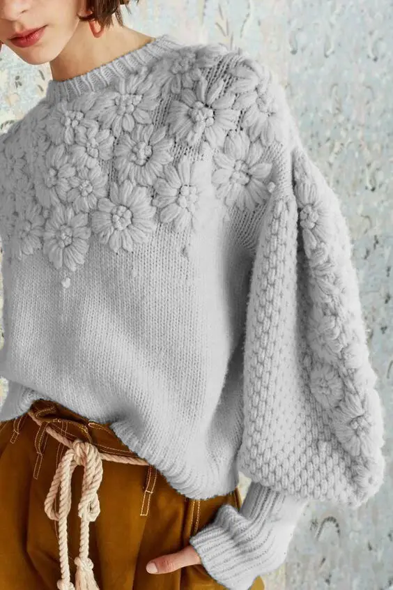 Custom Logo Winter Baggy Loose Tricot Womens Pink Factories Lantern Sleeve Hand Embroidery Woman Pullover Knit Sweater Custom