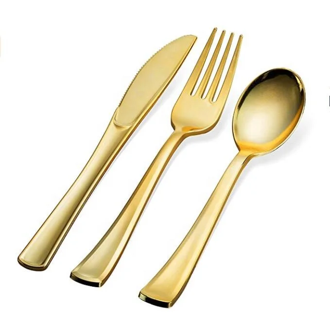 Wholesale Plastic Cutlery Set Plastic Gold Plate Nice Party Gold Flatware