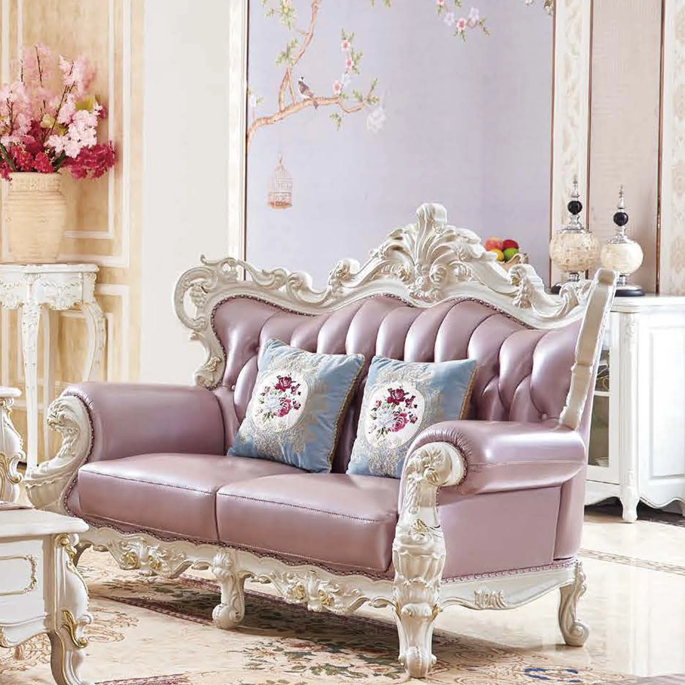 French luxury antique carved wooden 1 2 3 genuine leather couch cushion upholstered living room furniture sofa for hotel villa