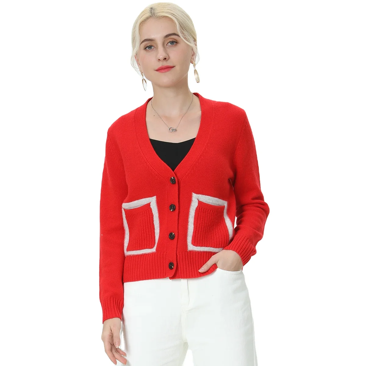 Custom casual preppy style Knitted Sweaters for women V-neck pocket Cardigan long sleeve sweater