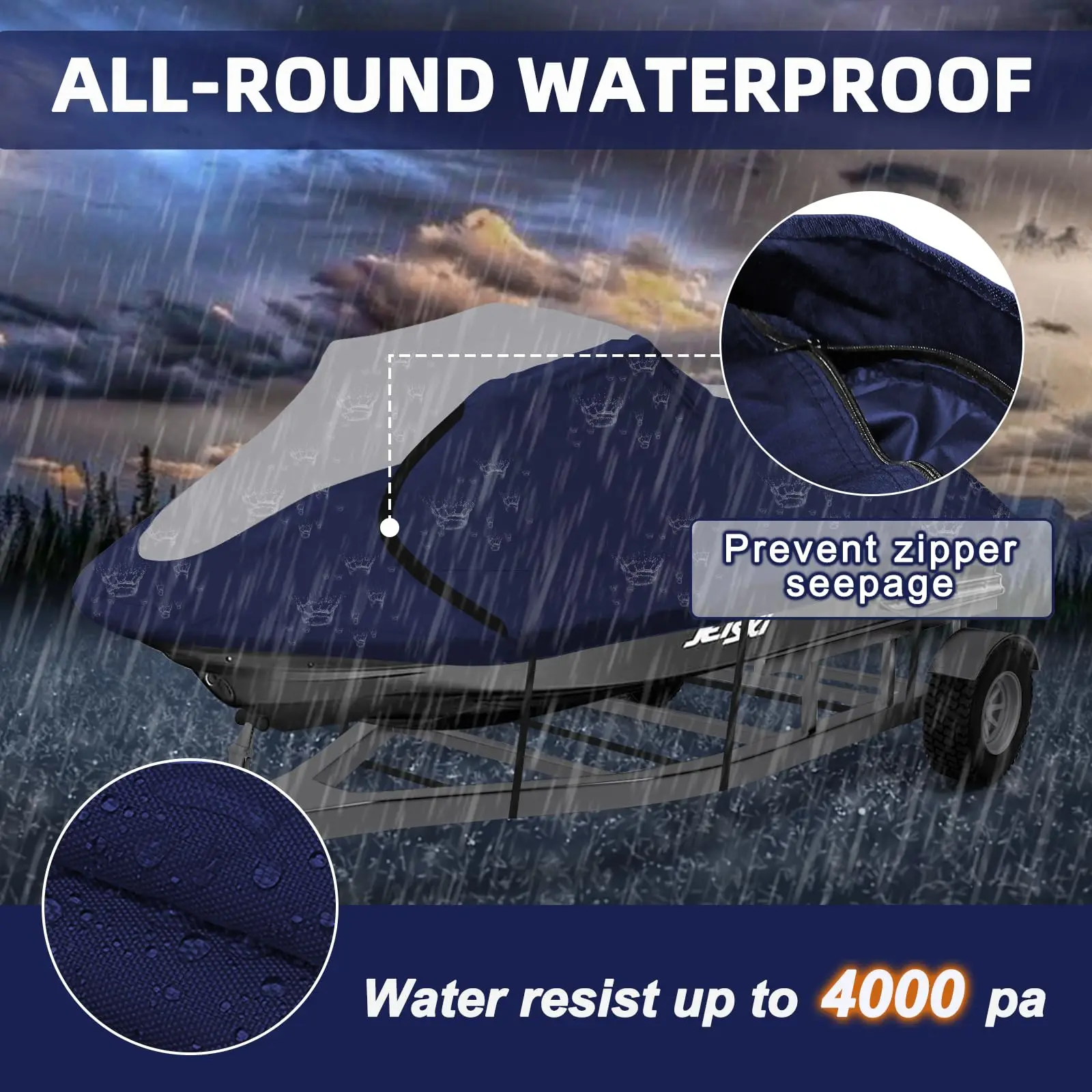 Outdoor Gray and Navy Blue Jet Ski Cover Waterproof and UV Resistant Motorboat Cover