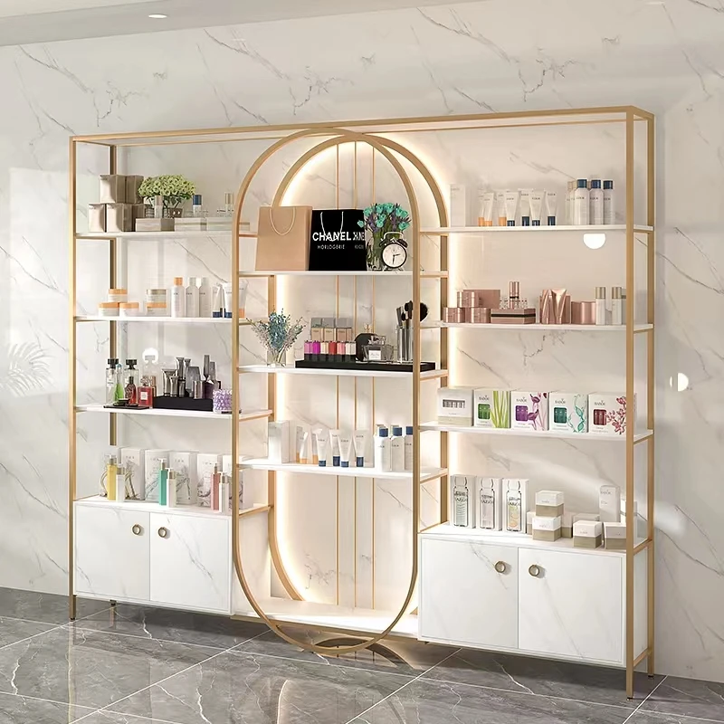 Custom boutique Wooden nail Cosmetic Display Cabinet Shelves And beauty salon Makeup Showcase Display stand For Retail Store