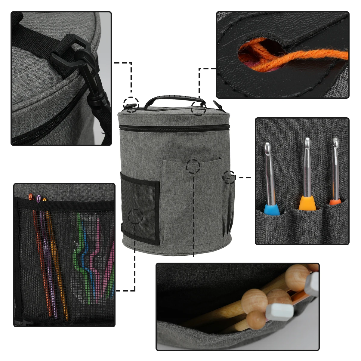 Large Capacity Portable Yarn Storage Knitting Tote Organizer Bag With Pockets for Crochet Hooks & Knitting Needles
