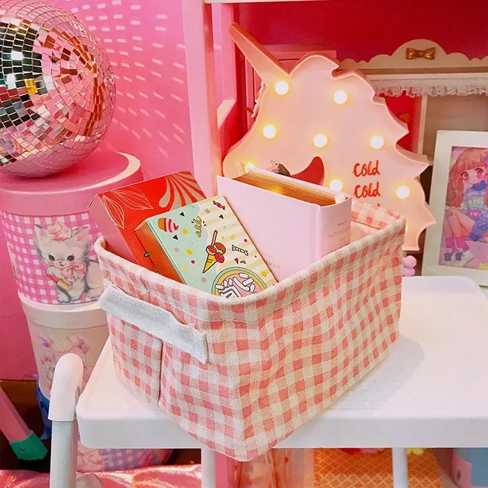 Girl lovely pink lattice home cotton linen fabric art storage basket cosmetics sundry storage basket desktop storage box