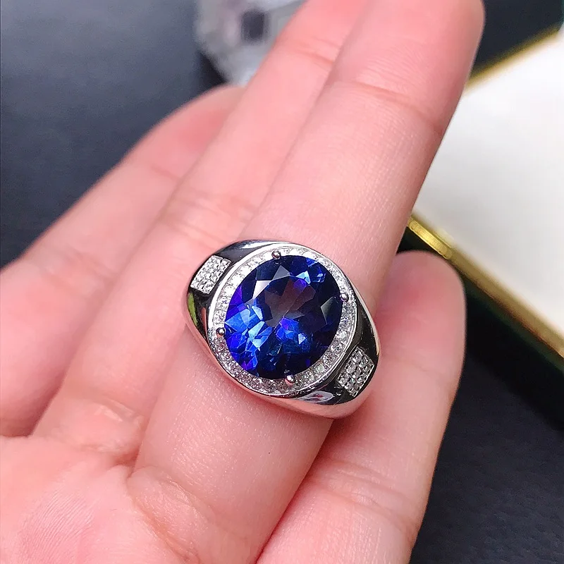 925 Silver Inlaid Natural Tanzanite Topaz Open Ring for Men
