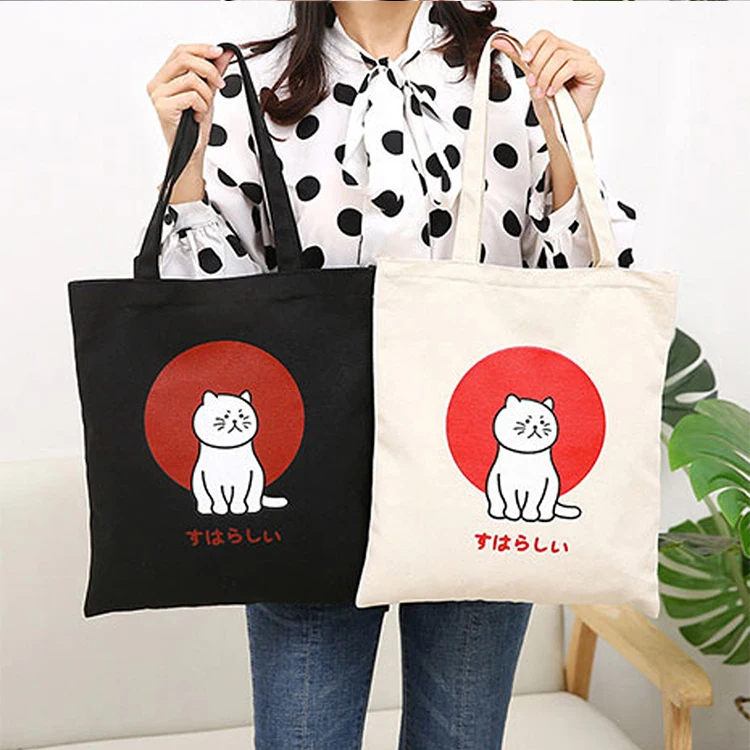 Custom logo printed cheap reusable cat plain black canvas tote shopping 100% cotton bag