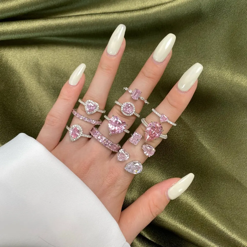 S925 Sterling Silver Ring Female Water Drop Cute Peach Heart Temperament Square Diamond Pink High Carbon Diamond Ring