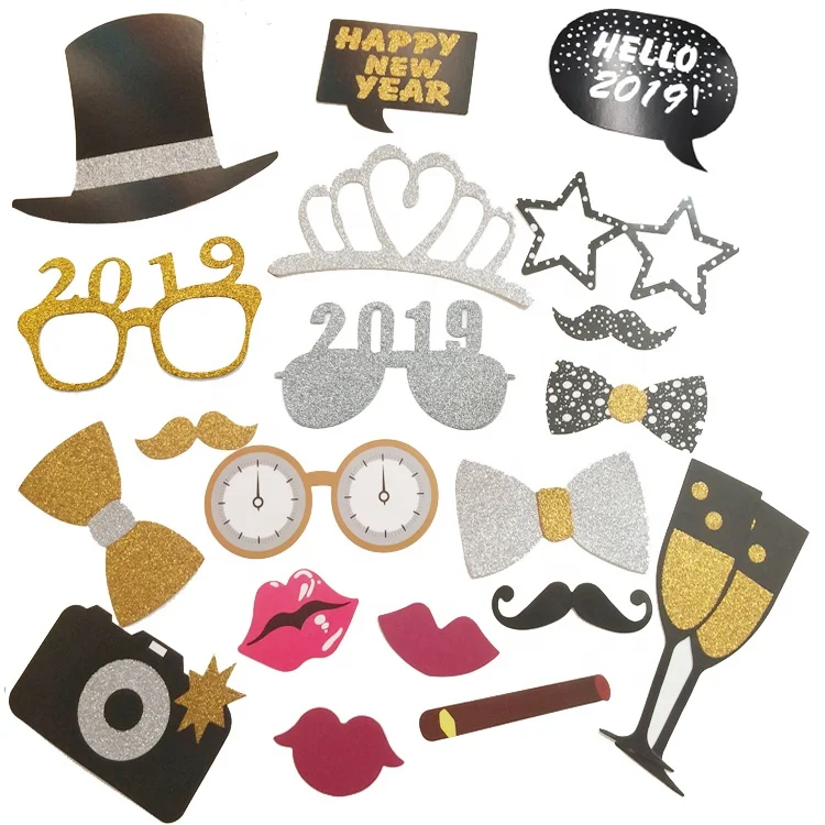 22pcs gold glitter 2020 new year eve selfie photo booth props kit
