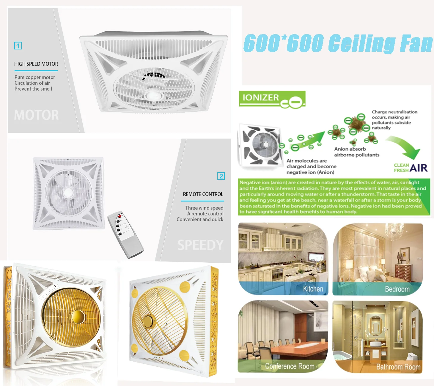 14 Inch Square Ceiling Fan with LED Light in Remote Control Amount Inside the Wall Simple Model Design