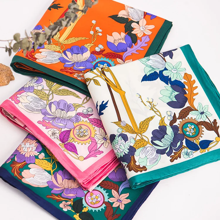 Silk Scarves 14mm Silk Twill Custom Designer Brand 90*90 Screen Printing Square Silk Scarves