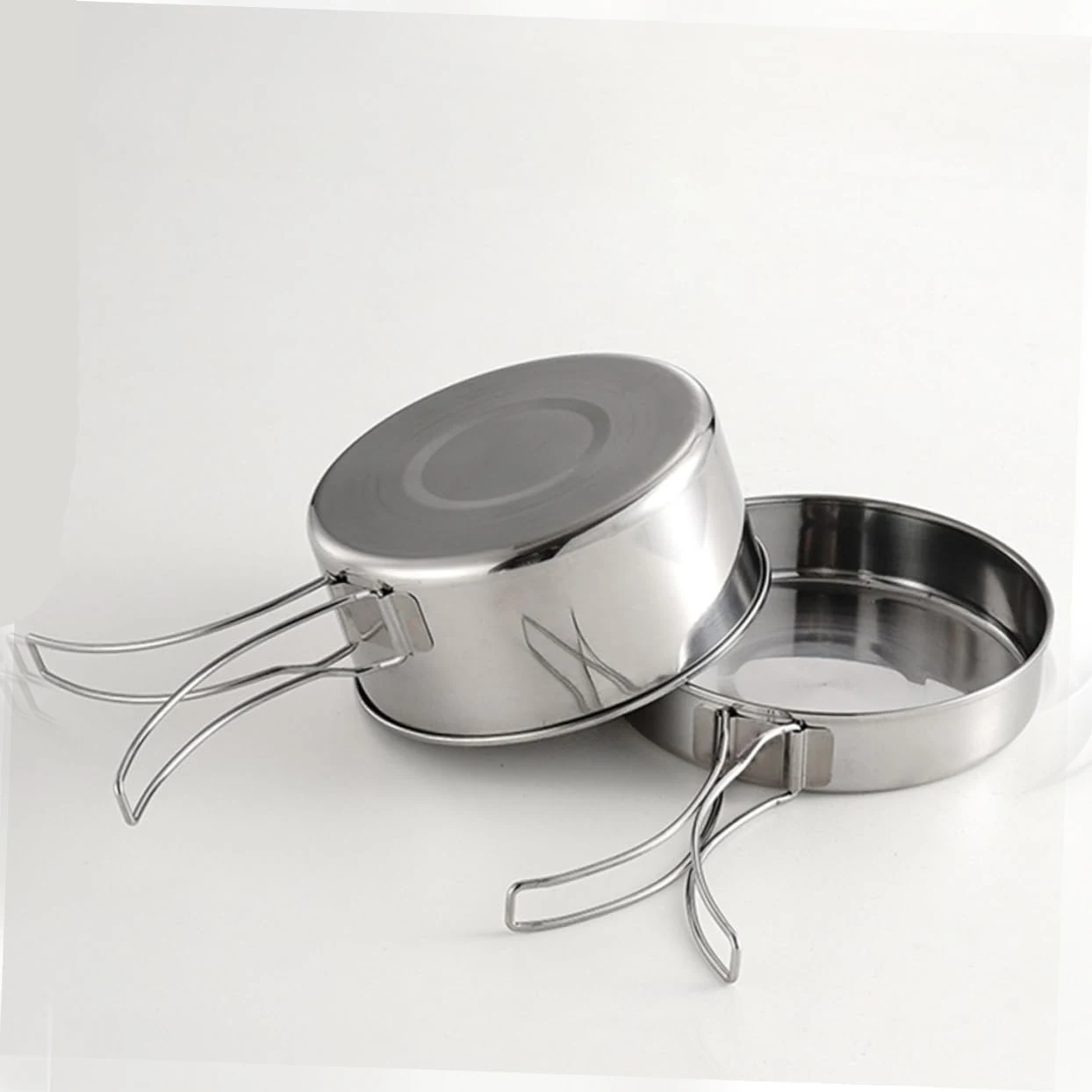 Hiking Camping Mess Kit Cookware set Stainless Steel Camping Pot Fly Pan with Folding Handle
