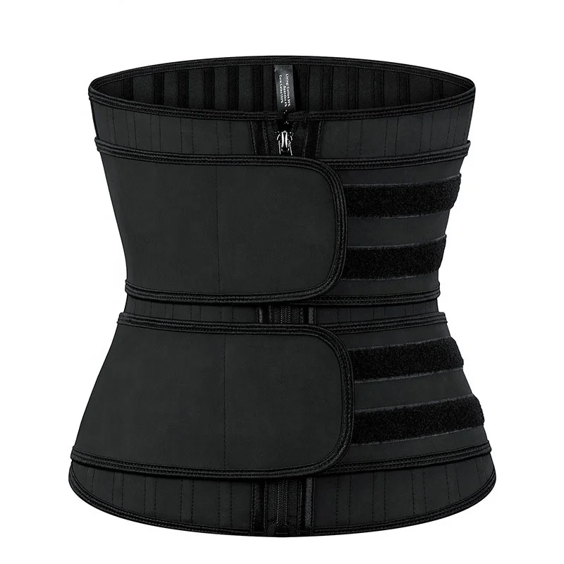 Custom 25 Steel Bones Front Zip Up Detachable Double Belt Adjustable Women Tummy Latex Waist Cinchers Shaper Latex Waist Trainer