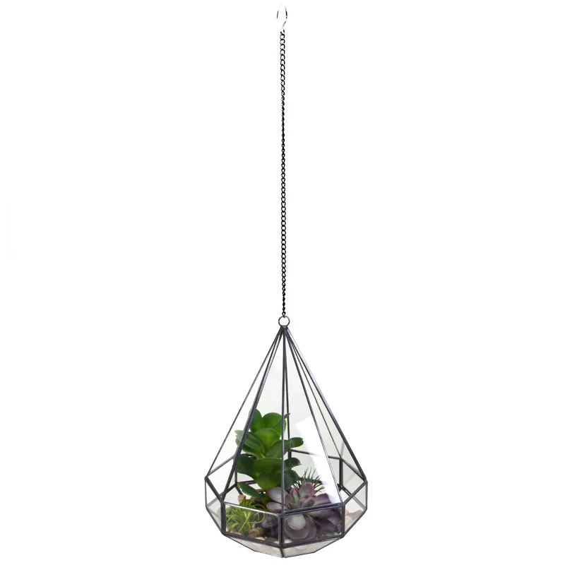 Factory direct large black copper with hanging chain 8 angle diamond shape glass flower house plant planting container
