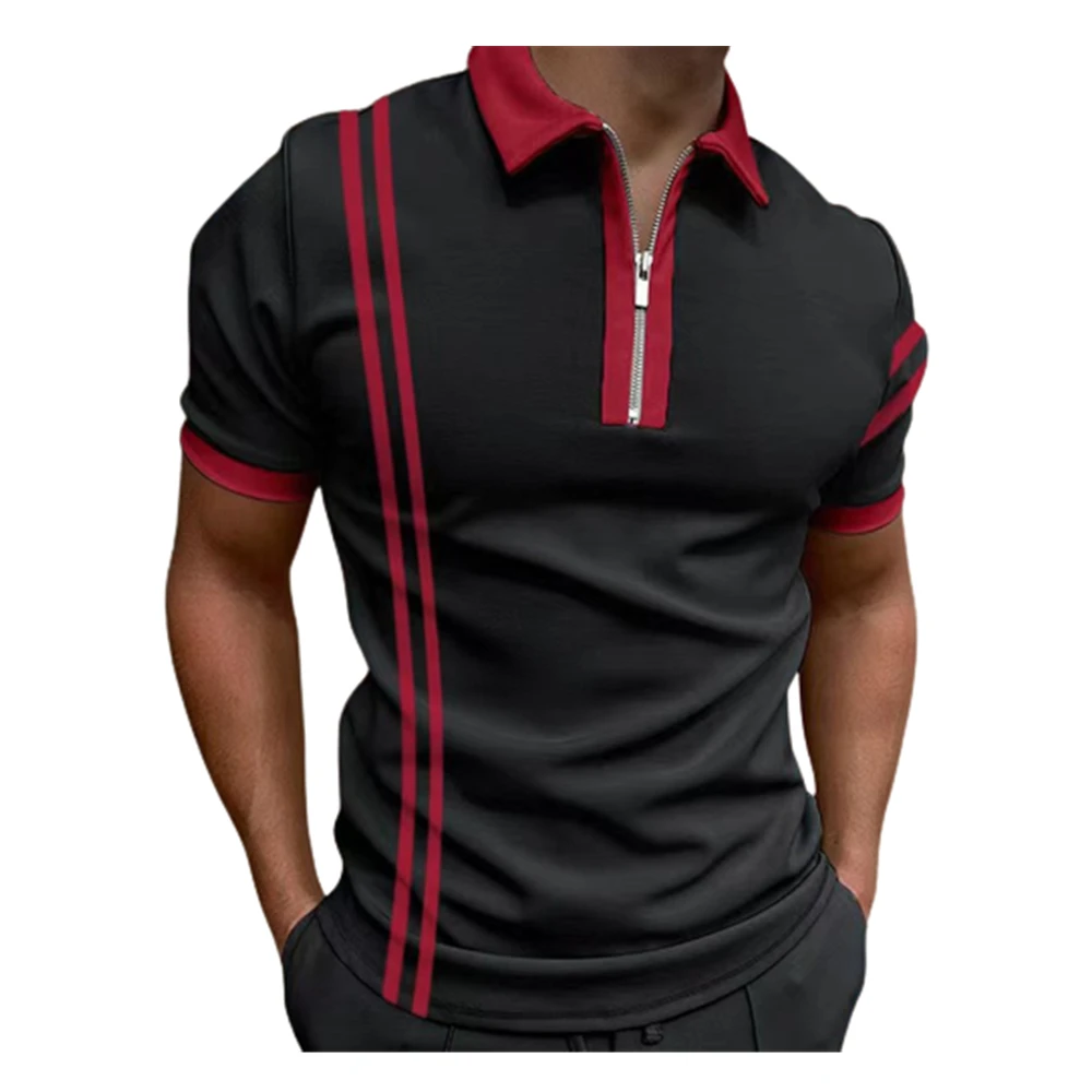 2022 Summer New Stripe Color Golf Polos T-shirt For Men Slim Fit Zipper Lapel Short Sleeve Casual Print Polo Tshirt