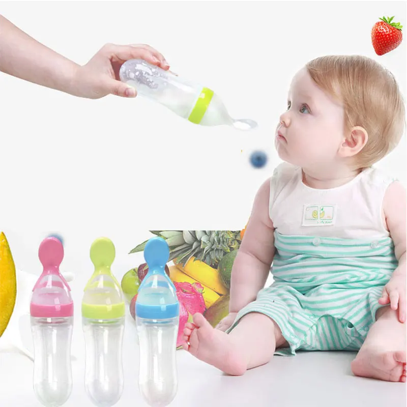 90ml Silicone Baby Squeeze Bottle with Spoon, BPA Free Baby Food Bottle Squeeze Feeder Baby Feeding Supplies