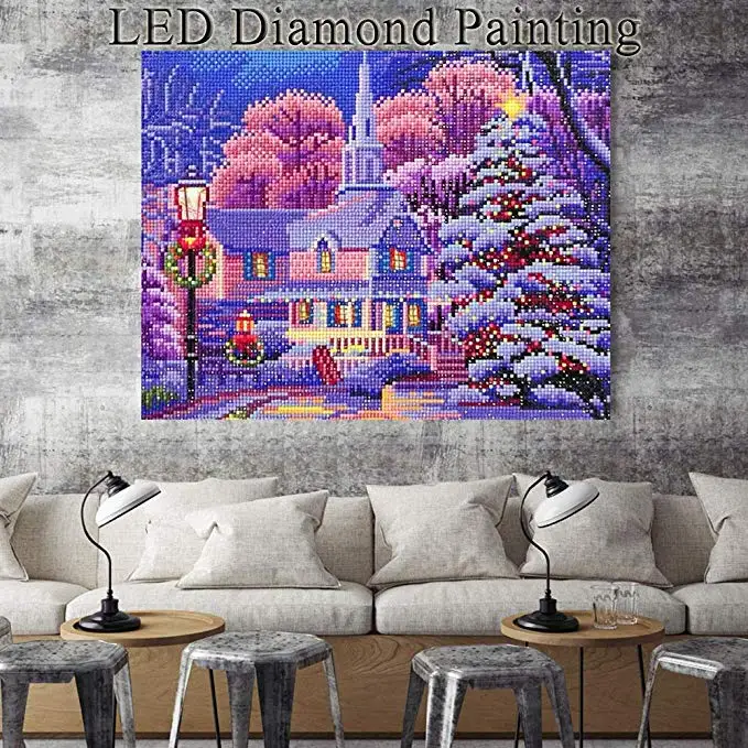 Round beads Drill 40x50cm Glow in Dark Church in Snow  Landscape LED Light Diamond Painting  with frame