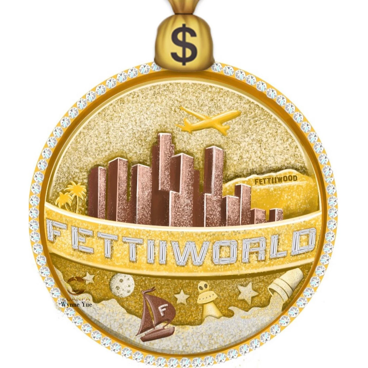 Custom 3D Baguette Money Bag Bail Bussdown Iced Out Moissanite logo Pendant