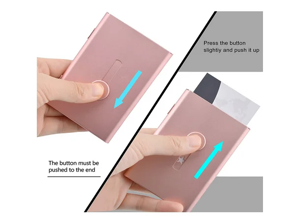 Новые товары, изготовленные на заказ, анодированная алюминиевая кнопка для женщин, визитница с именем, металлический держатель для карт с блокировкой RFID