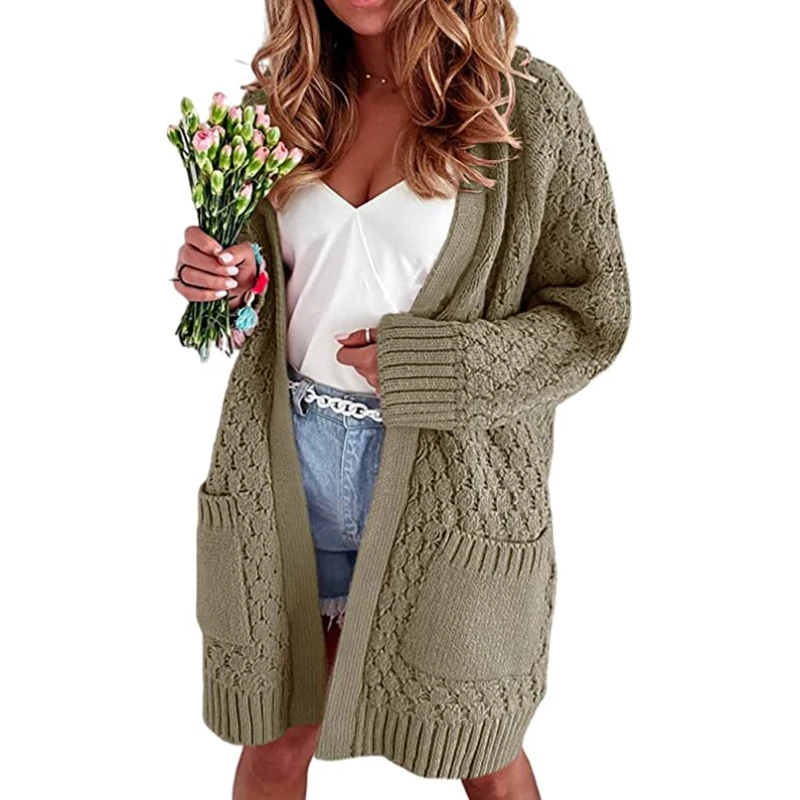 Design Chunky Knit Open Front Button Down Knitwear Solid Women Cardigan Sweater