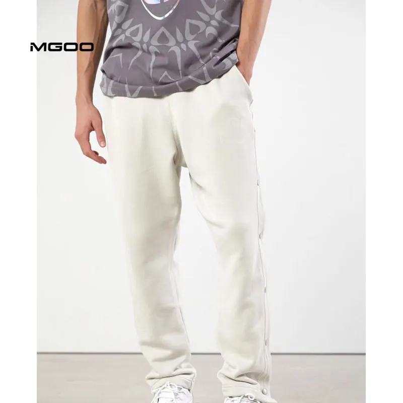 MGOO Side snap button white jogger Custom embroidery sweat tracksuit pant