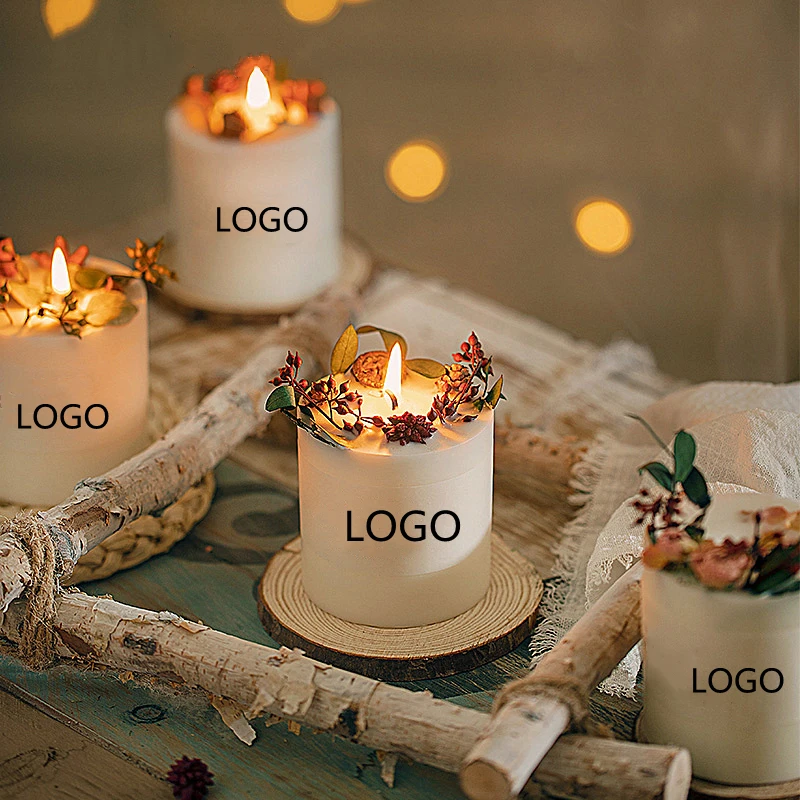 Customized Aroma Fashion Private Label Flower Pressed Wedding Birthday Gift Pillar Soy Wax Aromatherapy Scented Candles