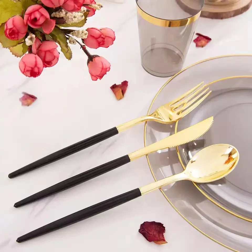 PS Hard Plastic Luxury Tableware Disposable Smoked Transparent Gold Stamping Dining Plate For Hotels Restaurants Party