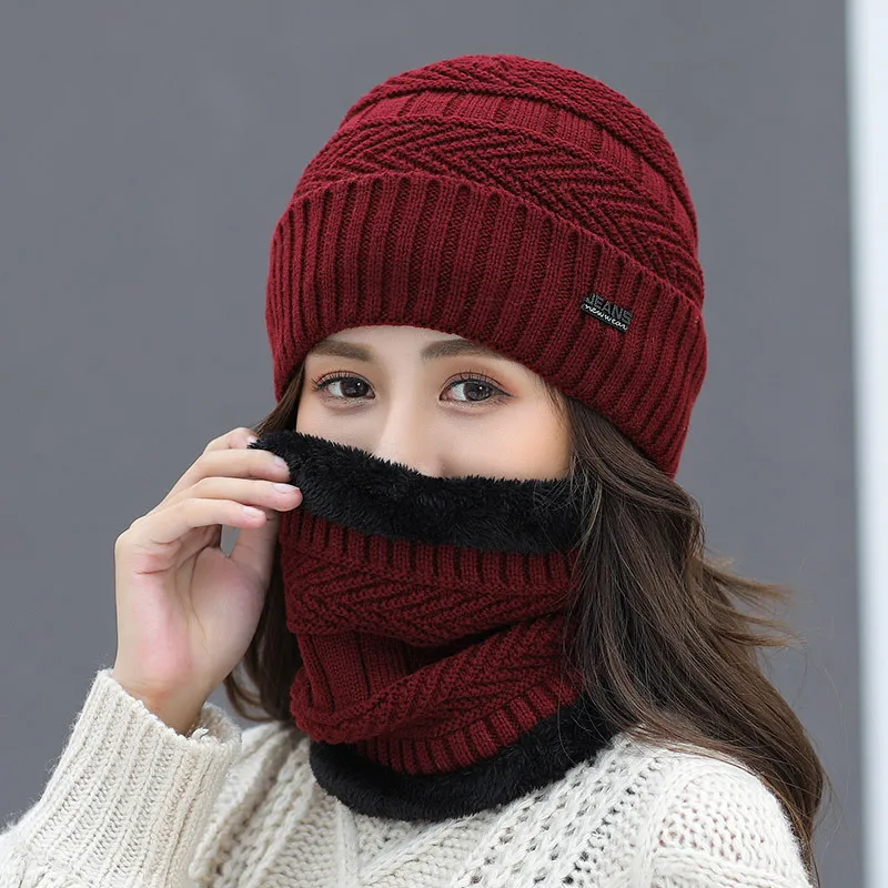 Korean style all-match fascinator thickened hats for ladies thermal hat warm knitted winter cap and scarf sets