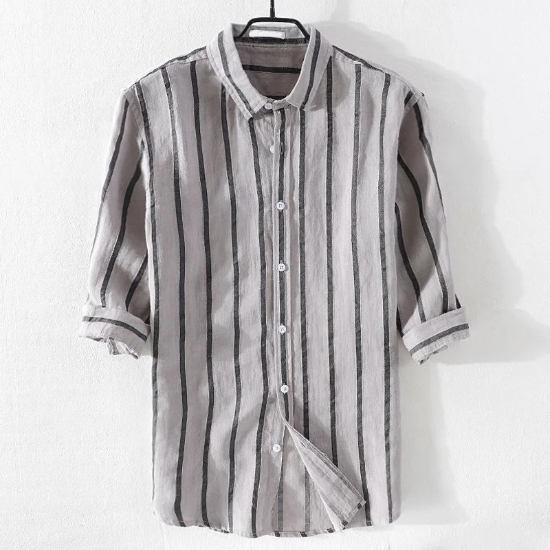 High quality custom cool breathable fancy striped half sleeve men casual  linen hemp shirts for summer