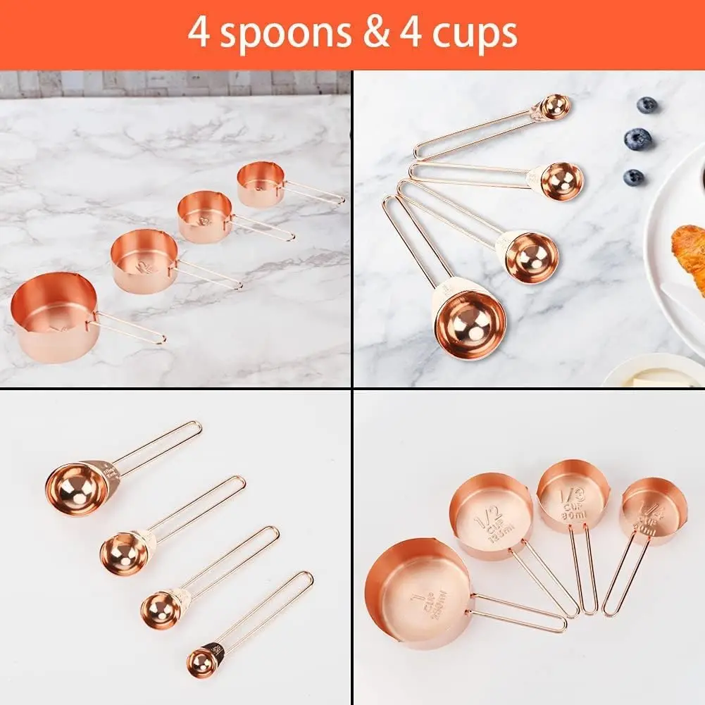 8 Pcs Stainless Steel Rose Gold Copper Measuring Cups and Spoons Set with Engraved Marking Ruler for Measuring Dry Liquid
