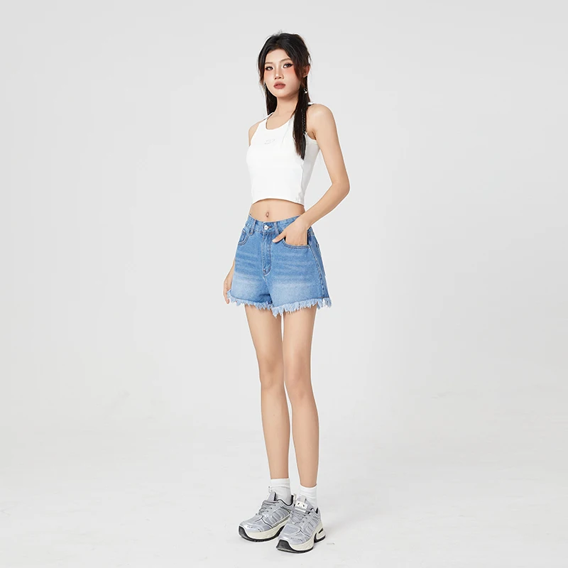 Vintage Summer Style Denim Shorts for Women Korean Tassel Short Pants Washed Jeans Style Pocket