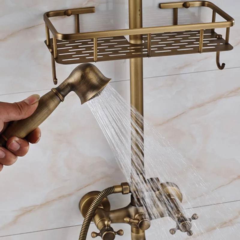 
Antique brass Shower Set Faucet Wall Mount Single Handle with Handshower + Shelf Bathroom Shower Mixer Tap 