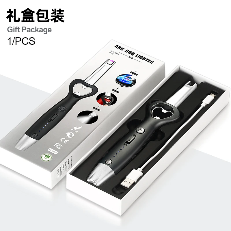 Factory Direct Sale Multi-function Arc USB Electric  Kitchen Lighter Candle Lighter and Led flashlight Lighter With Beer Opener
