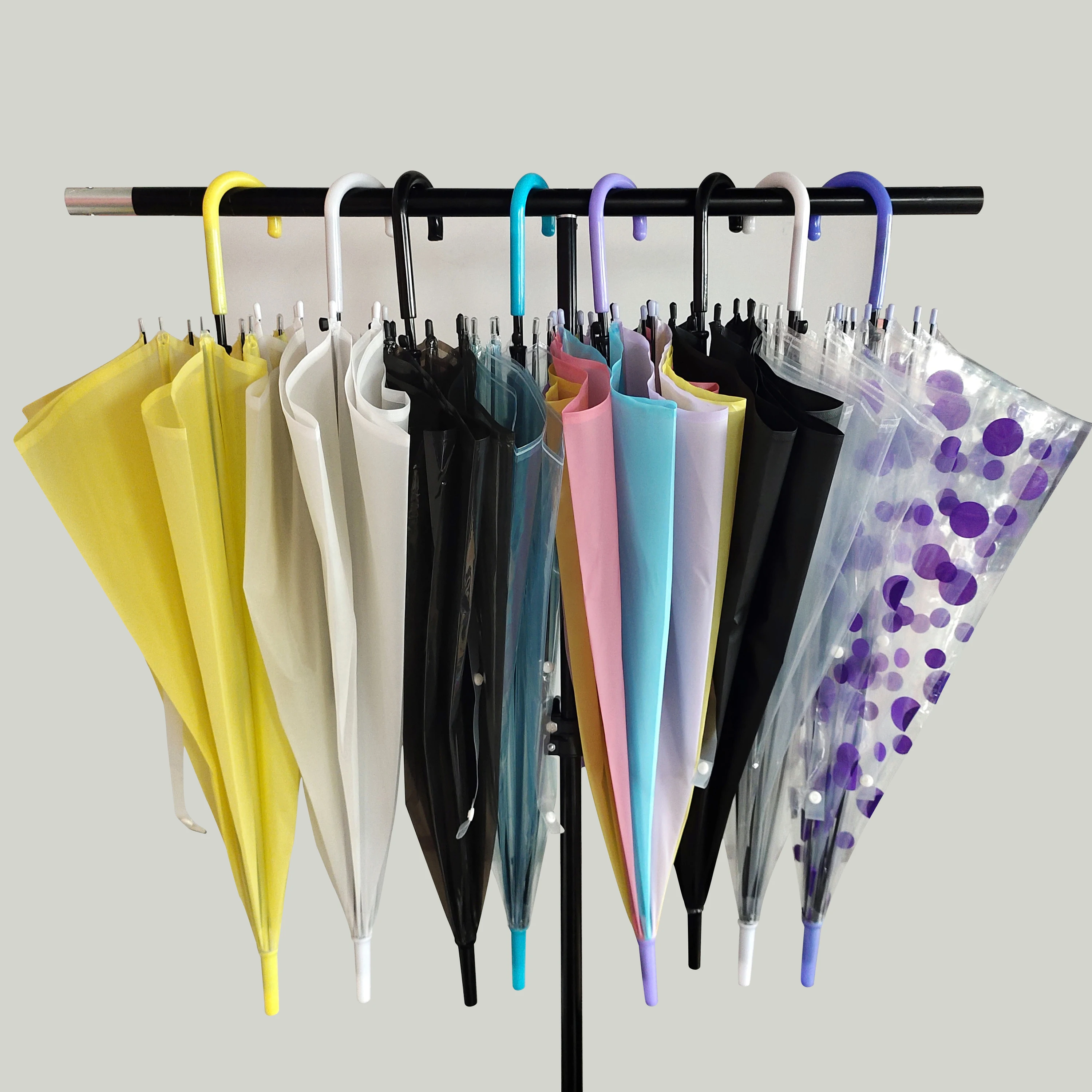 2022 Custom Auto Straight J Handle Parasol Wholesale Portable Colorful Transparent Umbrella Custom Auto Handle Parasol with logo