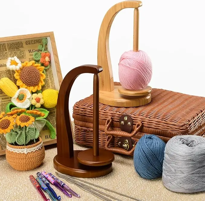Yarn holder for knitting and crochet, crochet Gift for knitters, Wooden yarn turntable (Walnut wood color)