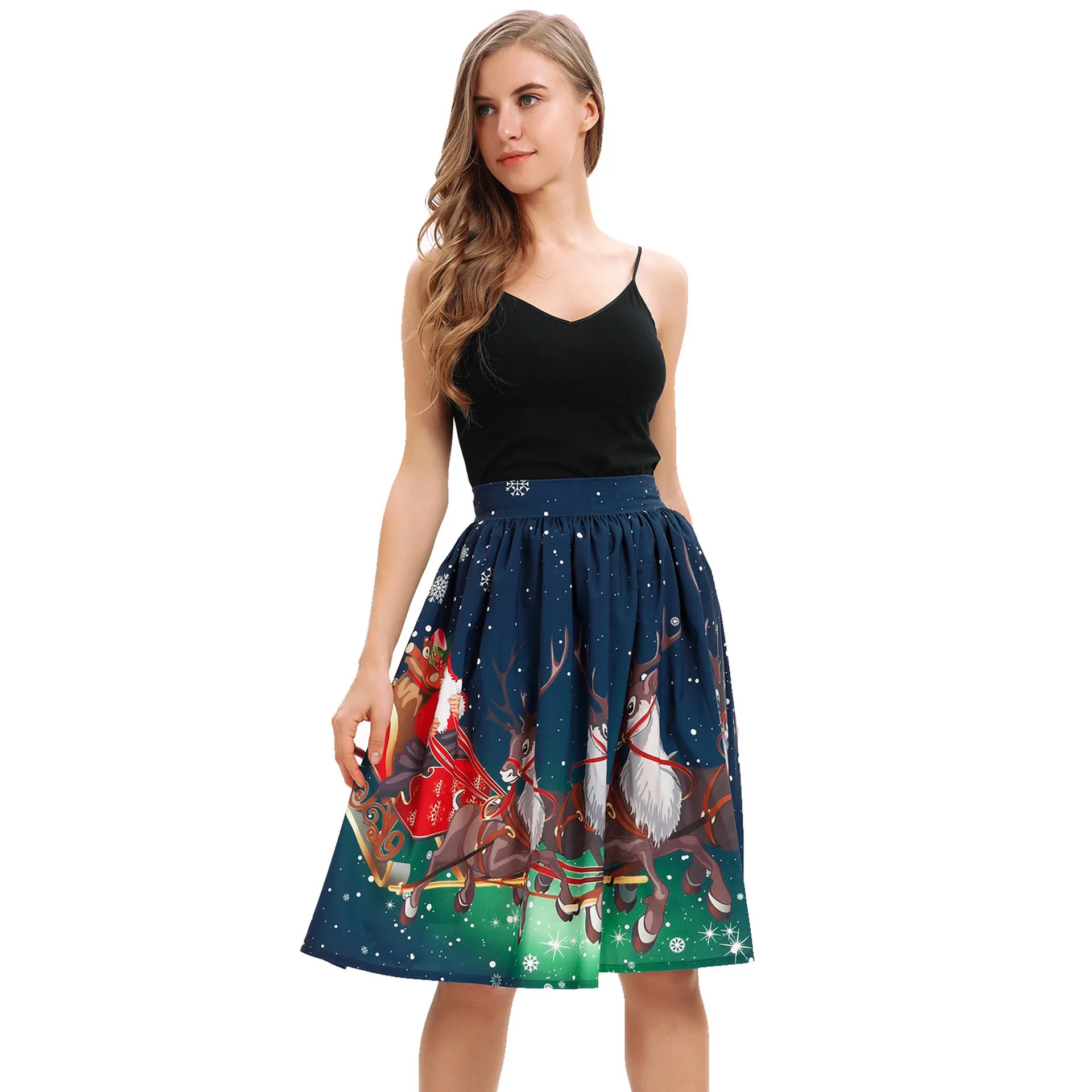 Пластиковое Сырье Рождественский олень цифровая печать Женская длинная пушистая юбка модное платье осень newPC