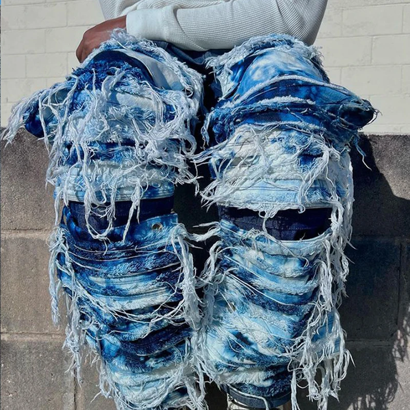 DiZNEW Custom silk fit blue embellished ripped jeans full cover straight loose stack jeans plus size