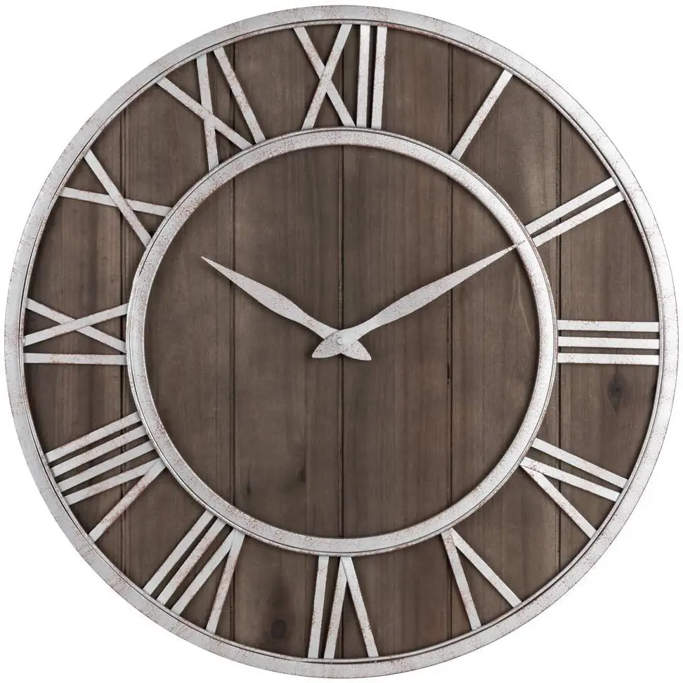 
Large 24-inch Farmhouse Rustic Barn Vintage Bronze Metal & Solid Wood Noiseless Wall Clock 