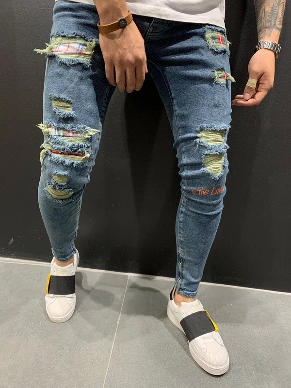 
Stylish Designer Mens Jeans Scratch Pants Embroidery Skinny New Design Custom Colombiano Ripped Denim Jeans Pant Men 
