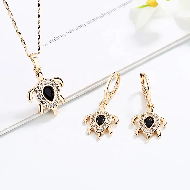 Hot Selling 18 Carat Gold Plated 3 Piece Jewelry Set Cubic Zirconias Cz Turtle Pendant Necklace  For Women Jewellery Sets