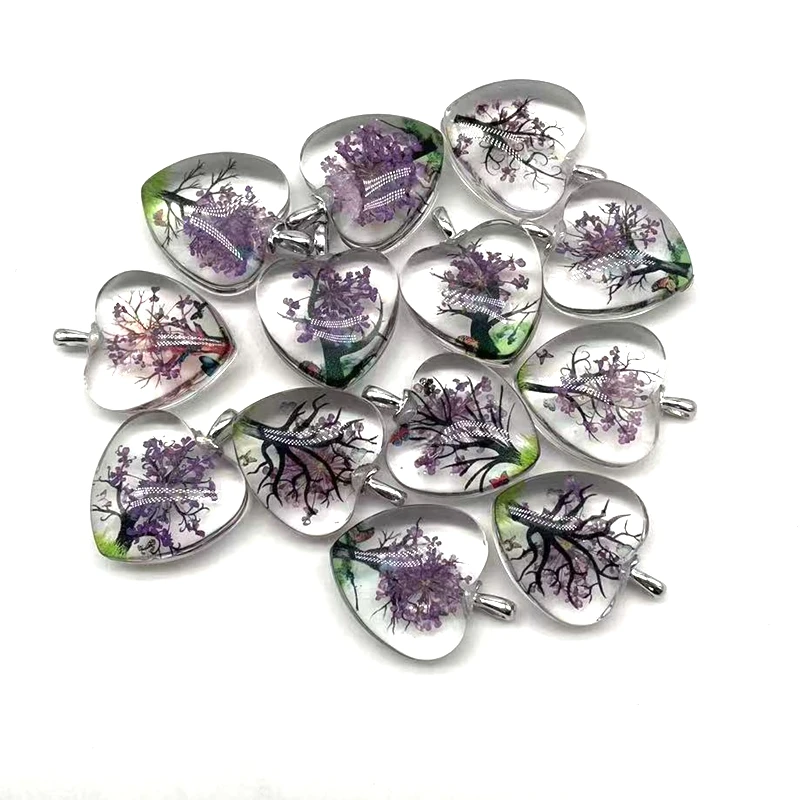 Wholesale Glass Heart Shape Pendants Dry Flower Jewelry Necklace Charm  Life Tree Key Chain Bag Lamp work Gift 25 mm