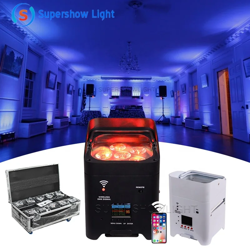 Supershow 6x18w battery powered wireless led par can uplight stage lights with charging case for wedding party